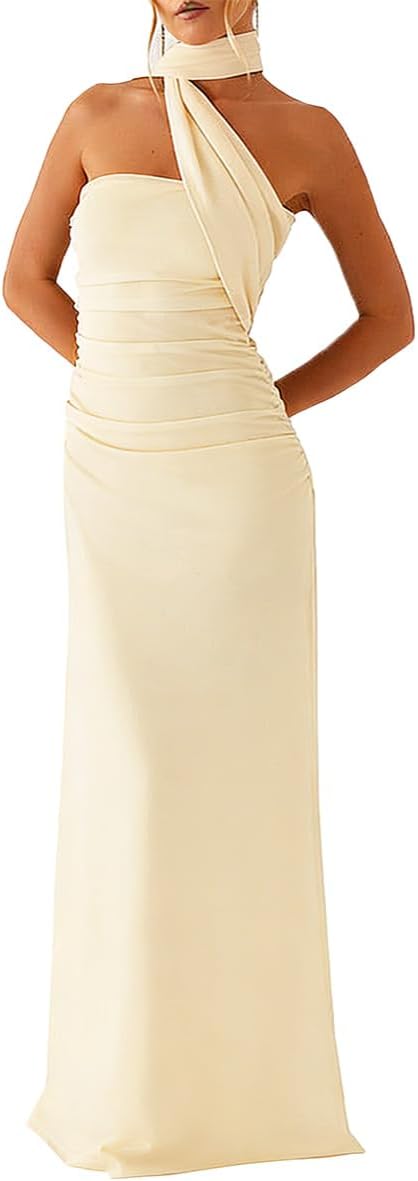HUROGON Women Strapless Floral Dress Scarf Long Formal Wedding Guest Dress | |Summer Tube Ruched Cocktail One Shoulder Bridesmaid Evening Gowns Sequin Dress For Women