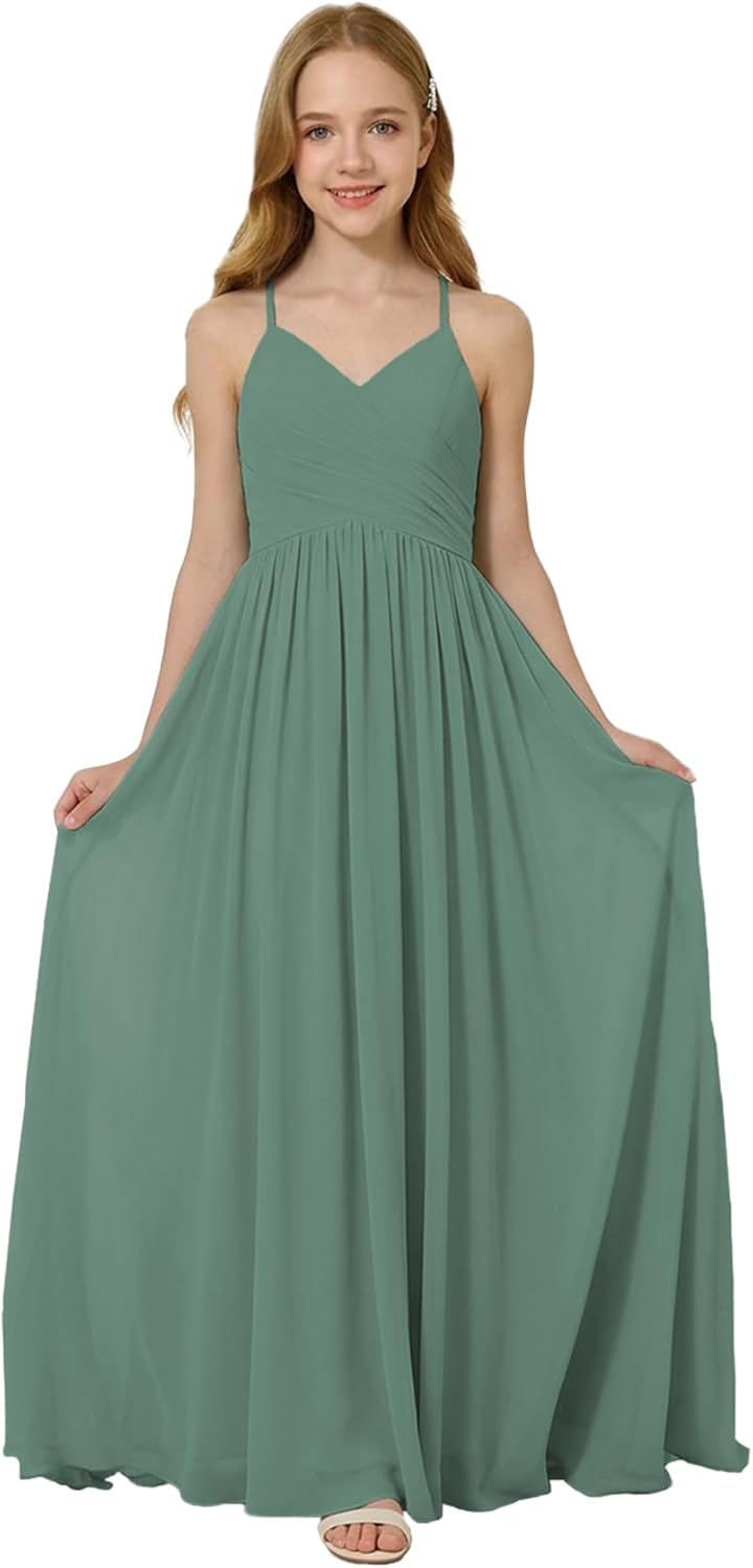 Oittuye Girls Halter Formal Dress V Neck Ruched Junior Bridesmaid Dress Floor Length Chiffon Wedding Guest Maxi Gown