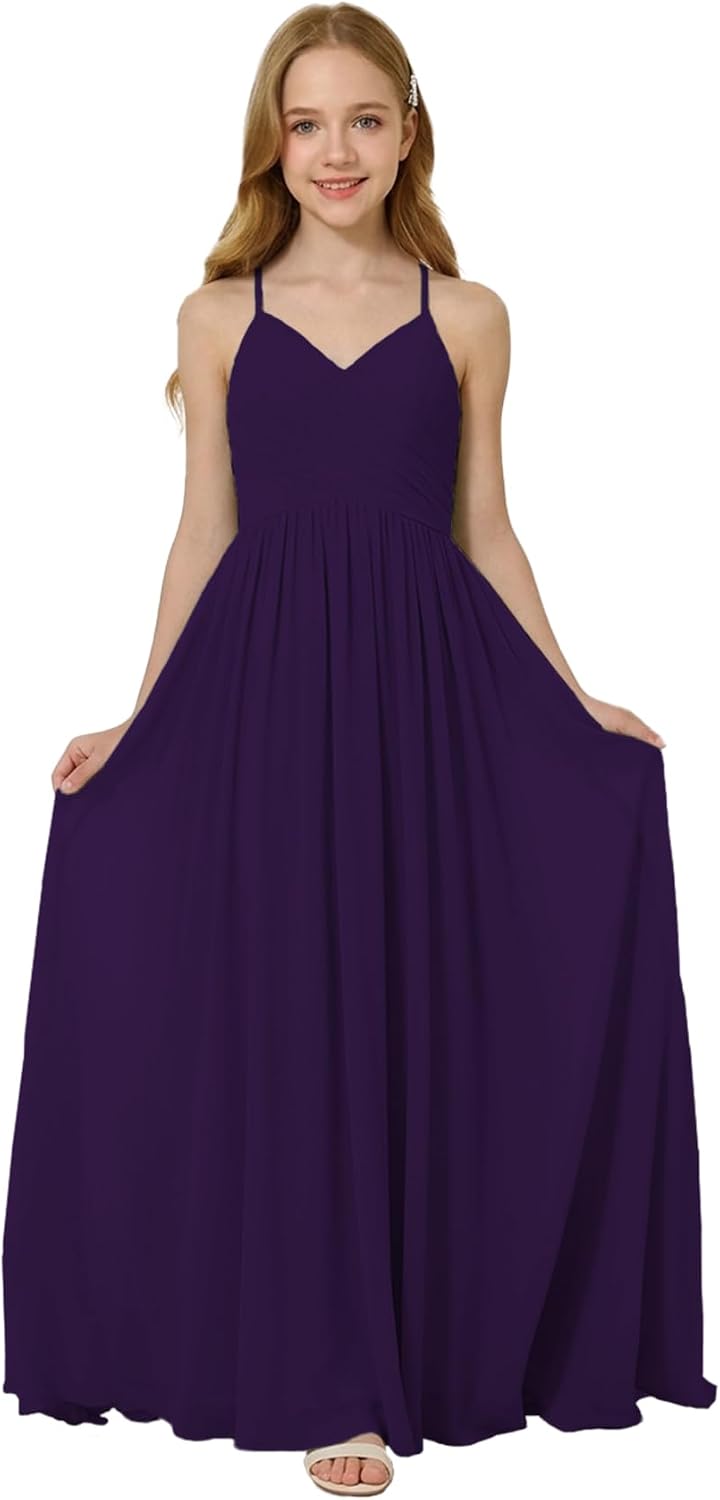 Oittuye Girls Halter Formal Dress V Neck Ruched Junior Bridesmaid Dress Floor Length Chiffon Wedding Guest Maxi Gown