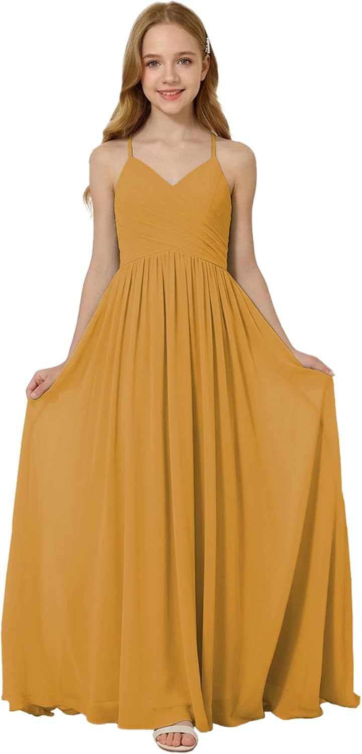 Oittuye Girls Halter Formal Dress V Neck Ruched Junior Bridesmaid Dress Floor Length Chiffon Wedding Guest Maxi Gown