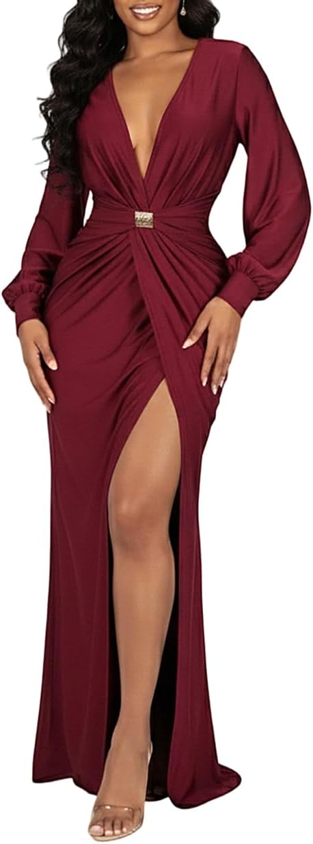HWP Women Deep V Neck Long Sleeve Maxi Dress High Split Formal Party Gown | Sexy Elegant Drop Waist Cocktail Evening Gowns Birthday Holiday Dinner Wedding Guest Dress For Women