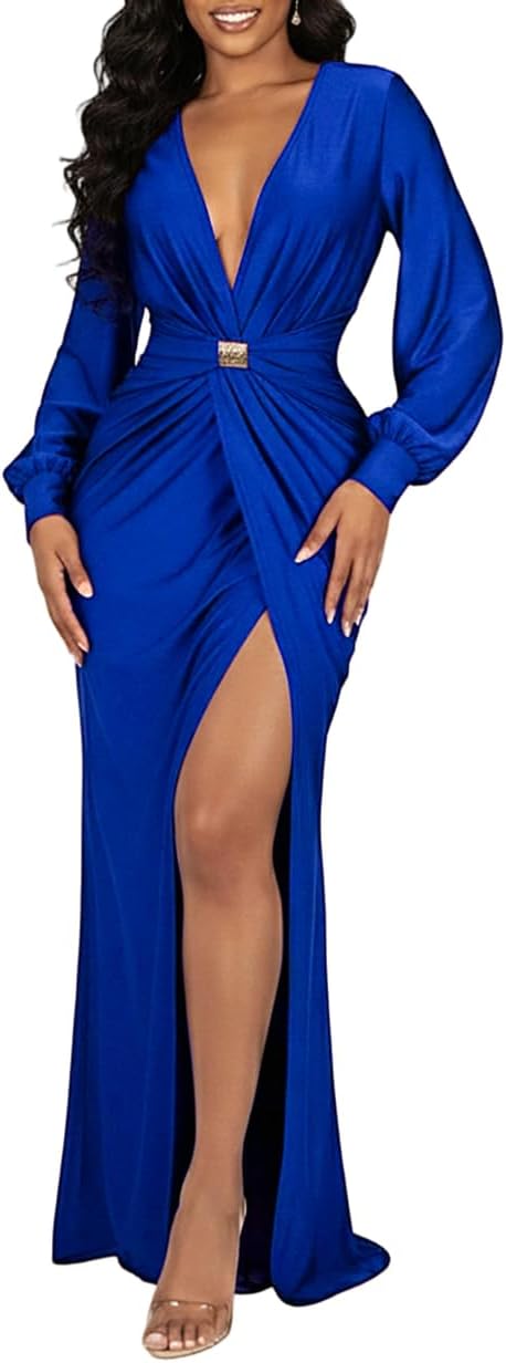 HWP Women Deep V Neck Long Sleeve Maxi Dress High Split Formal Party Gown | Sexy Elegant Drop Waist Cocktail Evening Gowns Birthday Holiday Dinner Wedding Guest Dress For Women