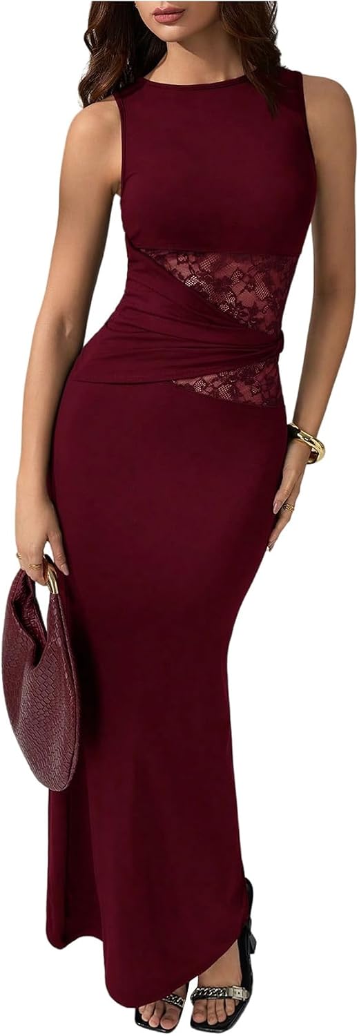 GORGLITTER Women's Lace Birthday Prom Cocktail Evening Gown Maxi Dresses | Cinched Waisted Long Dress, Formal Going Out Dress, Y2k Festival Goth Outfits