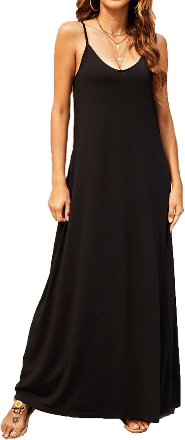 Supnier Women's Summer Spaghetti Strap V-Neck Bohemian Long Maxi Dress | Casual Loose Sleeveless Flowy Floral Long Maxi Dress with Pockets Beach Vacation Sundress