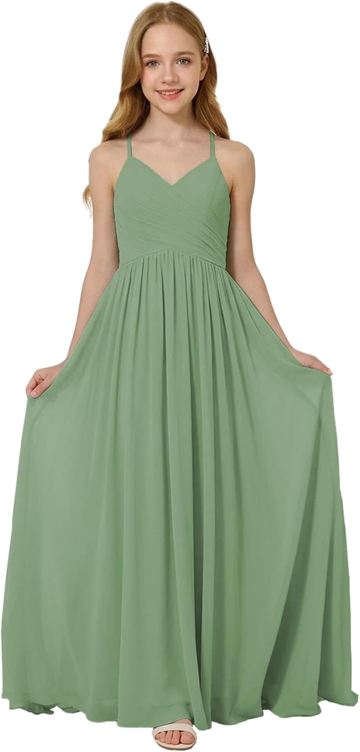 Oittuye Girls Halter Formal Dress V Neck Ruched Junior Bridesmaid Dress Floor Length Chiffon Wedding Guest Maxi Gown
