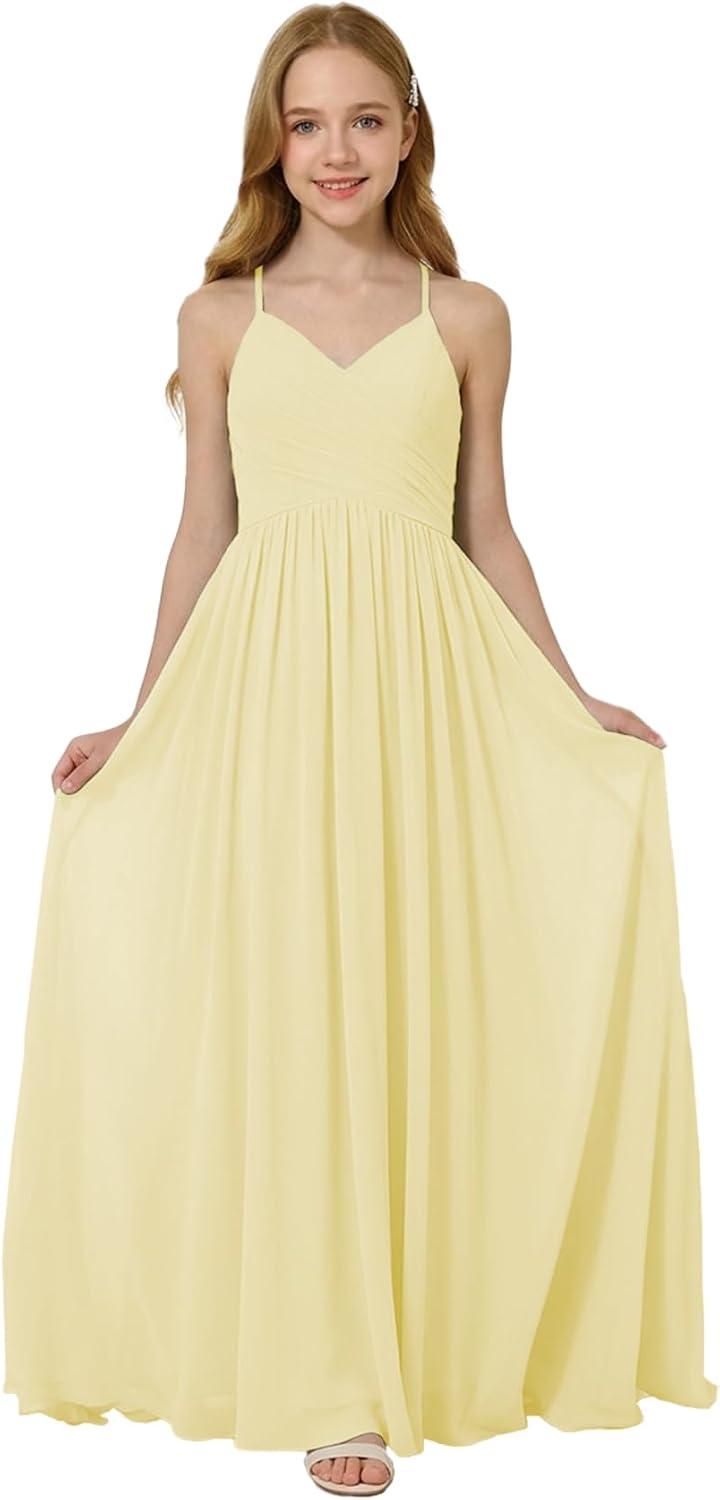 Oittuye Girls Halter Formal Dress V Neck Ruched Junior Bridesmaid Dress Floor Length Chiffon Wedding Guest Maxi Gown