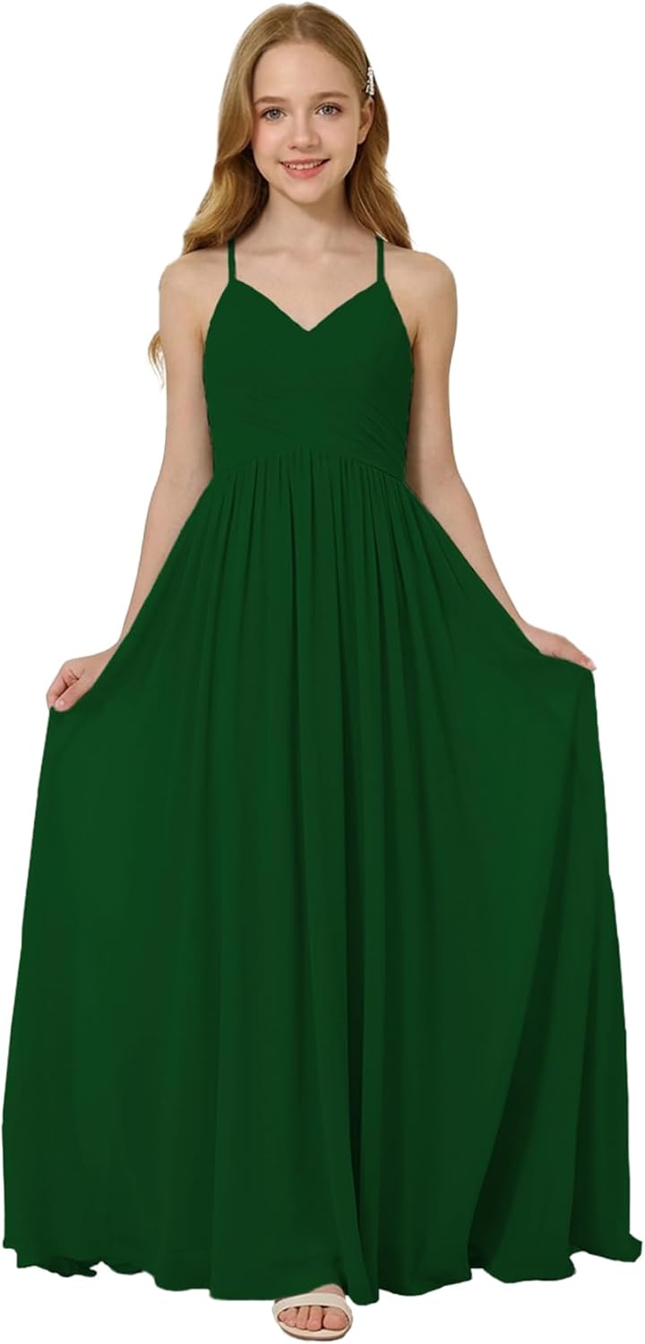 Oittuye Girls Halter Formal Dress V Neck Ruched Junior Bridesmaid Dress Floor Length Chiffon Wedding Guest Maxi Gown