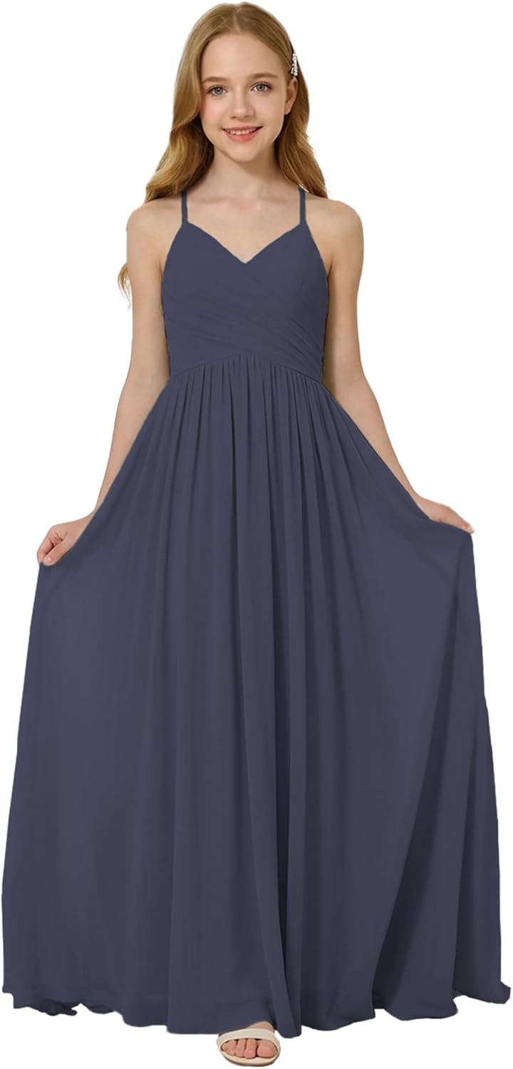 Oittuye Girls Halter Formal Dress V Neck Ruched Junior Bridesmaid Dress Floor Length Chiffon Wedding Guest Maxi Gown