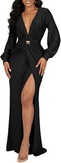 HWP Women Deep V Neck Long Sleeve Maxi Dress High Split Formal Party Gown | Sexy Elegant Drop Waist Cocktail Evening Gowns Birthday Holiday Dinner Wedding Guest Dress For Women