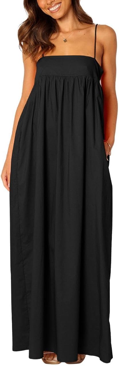 ebossy Women's Summer Backless Tied Spaghetti Straps Casual Loose Cutout Maxi Dress with Pockets