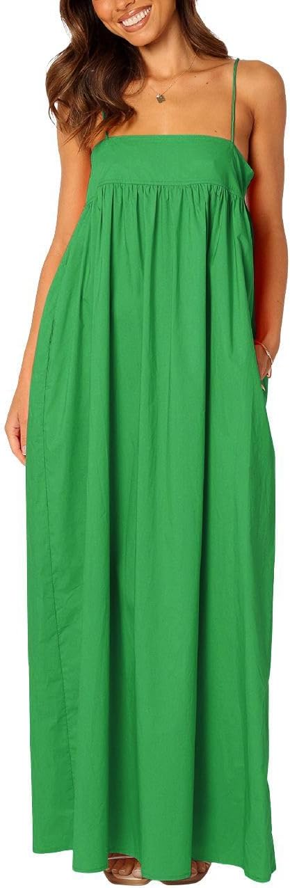ebossy Women's Summer Backless Tied Spaghetti Straps Casual Loose Cutout Maxi Dress with Pockets