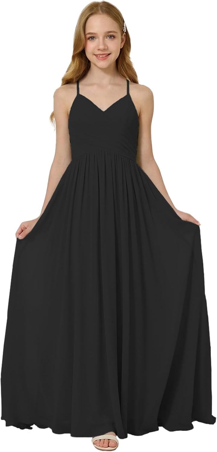 Oittuye Girls Halter Formal Dress V Neck Ruched Junior Bridesmaid Dress Floor Length Chiffon Wedding Guest Maxi Gown