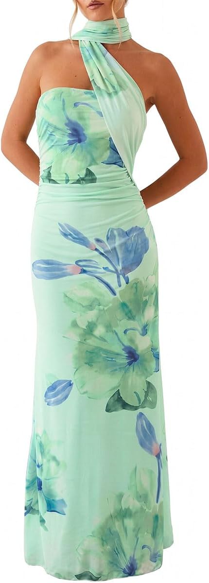 HUROGON Women Strapless Floral Dress Scarf Long Formal Wedding Guest Dress | |Summer Tube Ruched Cocktail One Shoulder Bridesmaid Evening Gowns Sequin Dress For Women