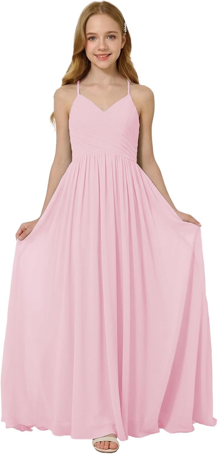 Oittuye Girls Halter Formal Dress V Neck Ruched Junior Bridesmaid Dress Floor Length Chiffon Wedding Guest Maxi Gown