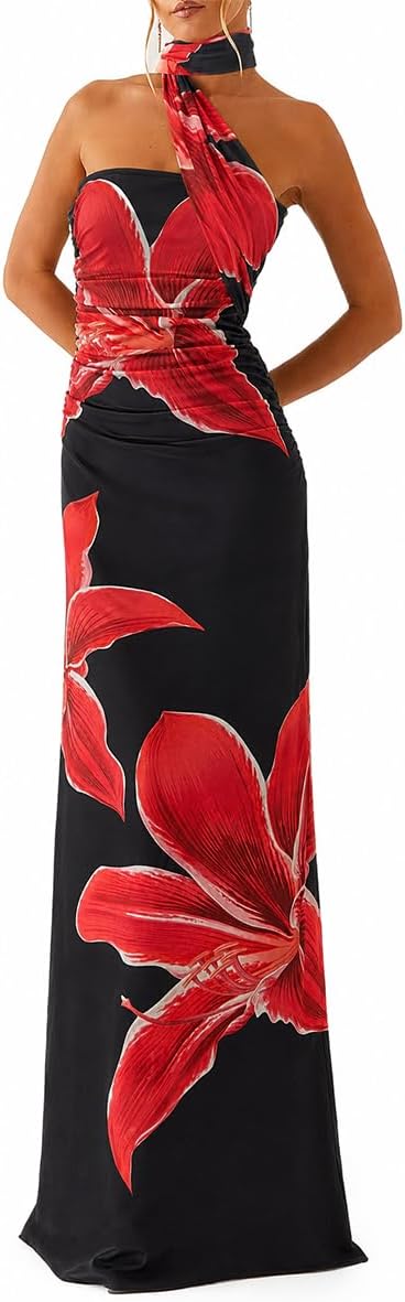 HUROGON Women Strapless Floral Dress Scarf Long Formal Wedding Guest Dress | |Summer Tube Ruched Cocktail One Shoulder Bridesmaid Evening Gowns Sequin Dress For Women