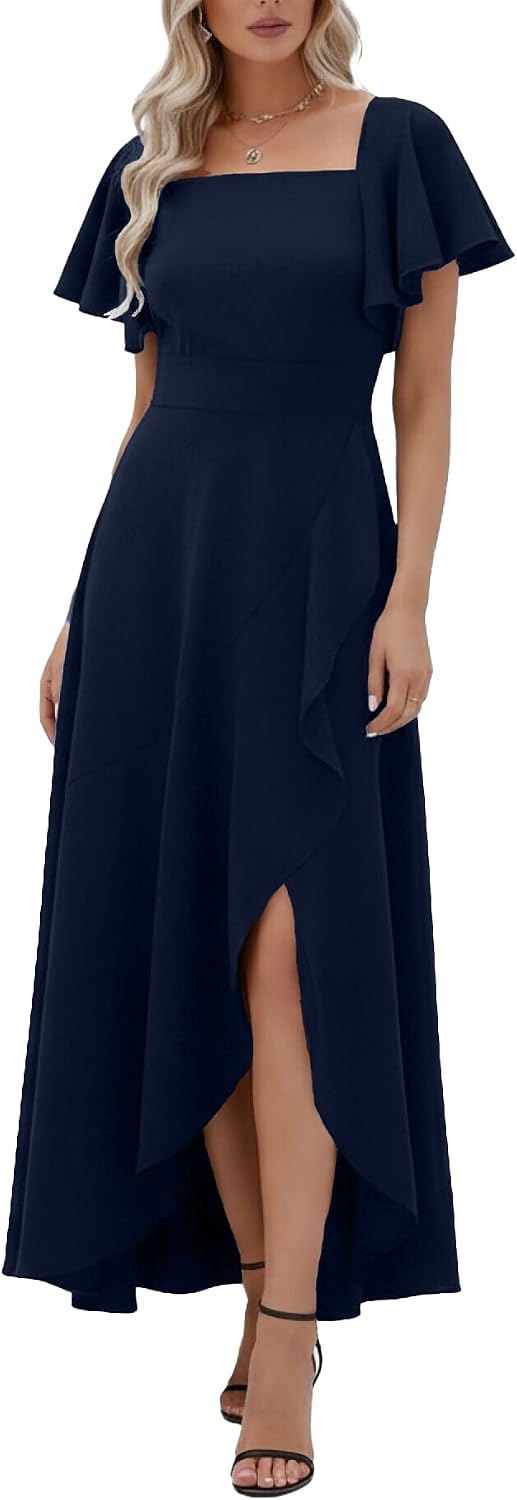 LightlyKiss Women's Square Neck Backless Midi Dress High Slit Wedding Guest Dress Formal Cocktail Party Dress