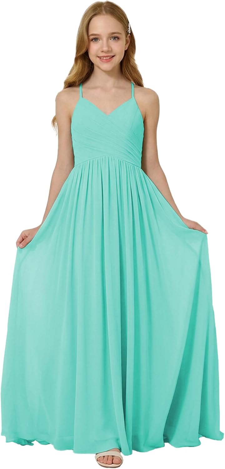 Oittuye Girls Halter Formal Dress V Neck Ruched Junior Bridesmaid Dress Floor Length Chiffon Wedding Guest Maxi Gown