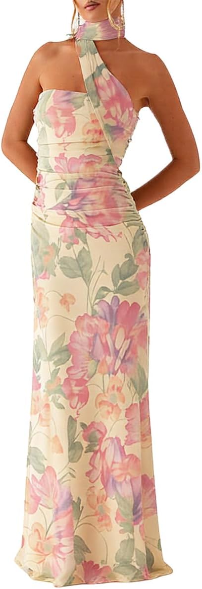 HUROGON Women Strapless Floral Dress Scarf Long Formal Wedding Guest Dress | |Summer Tube Ruched Cocktail One Shoulder Bridesmaid Evening Gowns Sequin Dress For Women