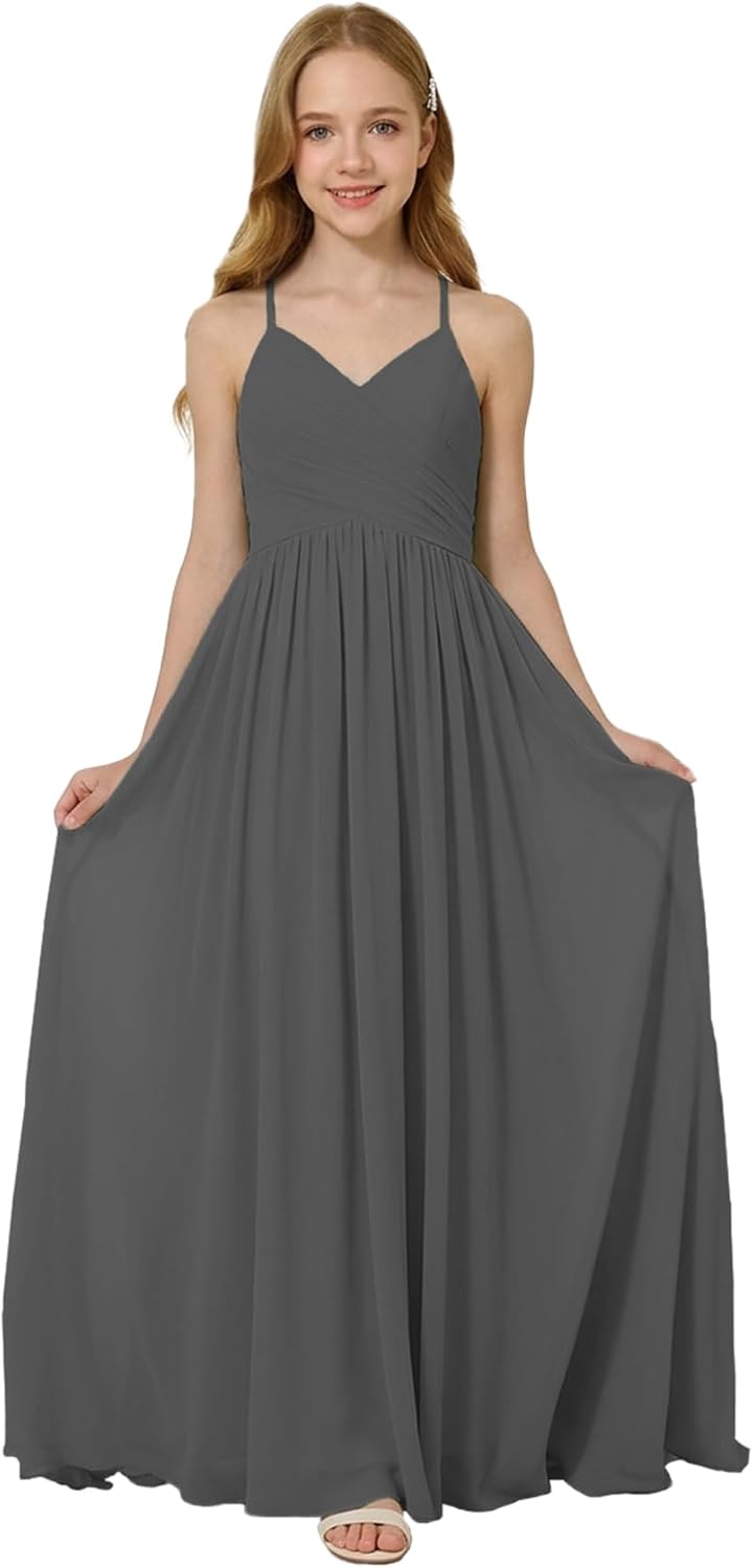 Oittuye Girls Halter Formal Dress V Neck Ruched Junior Bridesmaid Dress Floor Length Chiffon Wedding Guest Maxi Gown