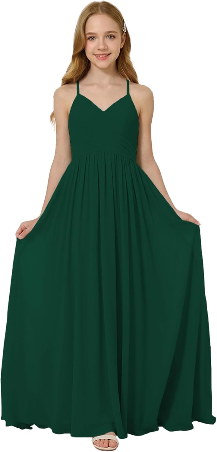 Oittuye Girls Halter Formal Dress V Neck Ruched Junior Bridesmaid Dress Floor Length Chiffon Wedding Guest Maxi Gown