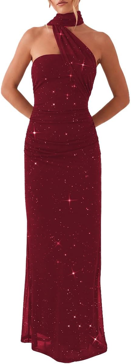 HUROGON Women Strapless Floral Dress Scarf Long Formal Wedding Guest Dress | |Summer Tube Ruched Cocktail One Shoulder Bridesmaid Evening Gowns Sequin Dress For Women