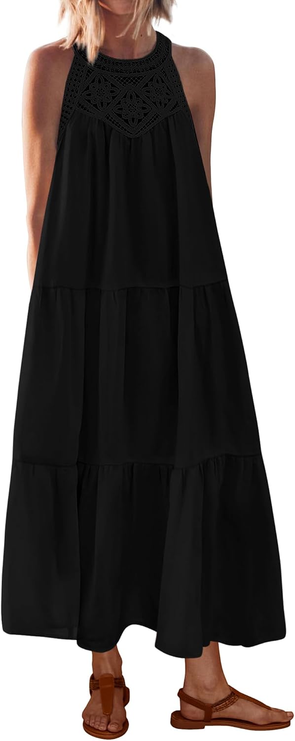 BTFBM Halter Dresses for Women Boho Maxi Sundresses | Hollow Out Sleeveless Tiered Summer Dress With Pocket, Button Keyhole Back, Loose Casual Beach Vacation Clothes, Spring 2026