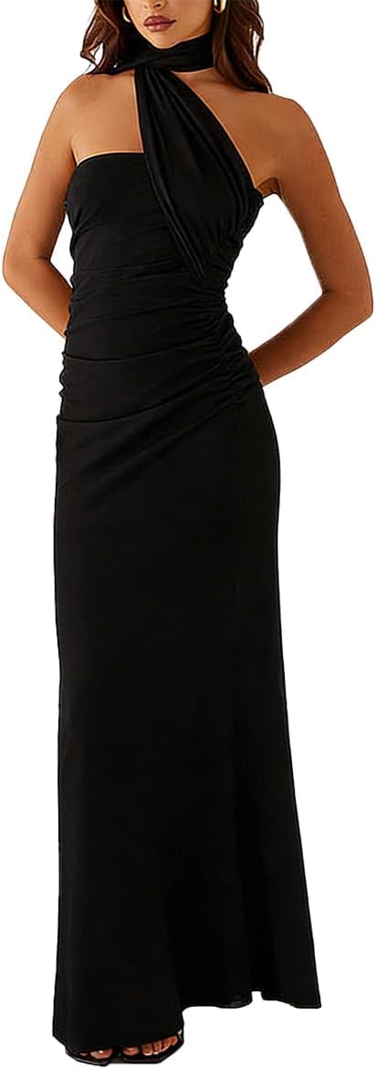 HUROGON Women Strapless Floral Dress Scarf Long Formal Wedding Guest Dress | |Summer Tube Ruched Cocktail One Shoulder Bridesmaid Evening Gowns Sequin Dress For Women
