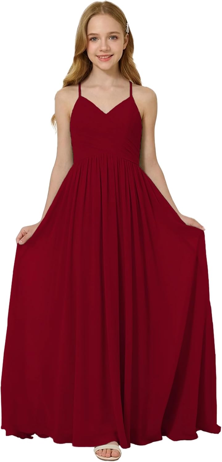 Oittuye Girls Halter Formal Dress V Neck Ruched Junior Bridesmaid Dress Floor Length Chiffon Wedding Guest Maxi Gown