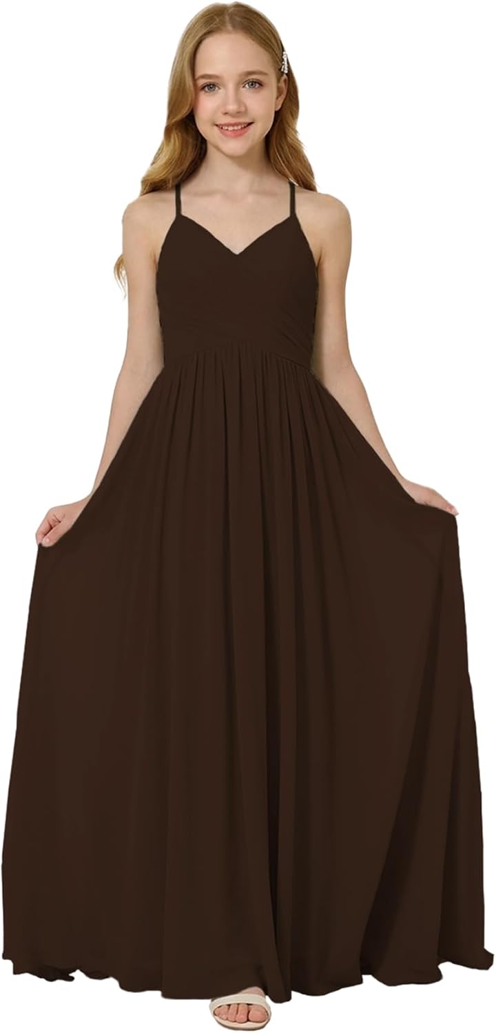 Oittuye Girls Halter Formal Dress V Neck Ruched Junior Bridesmaid Dress Floor Length Chiffon Wedding Guest Maxi Gown