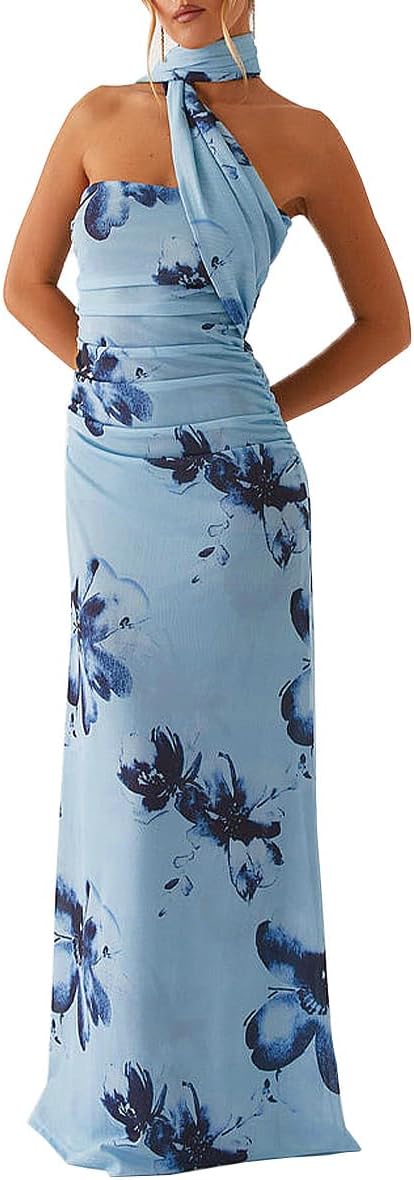 HUROGON Women Strapless Floral Dress Scarf Long Formal Wedding Guest Dress | |Summer Tube Ruched Cocktail One Shoulder Bridesmaid Evening Gowns Sequin Dress For Women