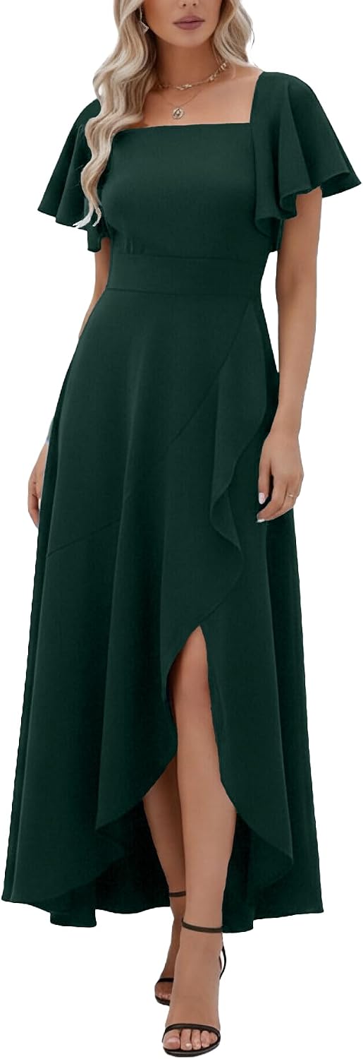 LightlyKiss Women's Square Neck Backless Midi Dress High Slit Wedding Guest Dress Formal Cocktail Party Dress