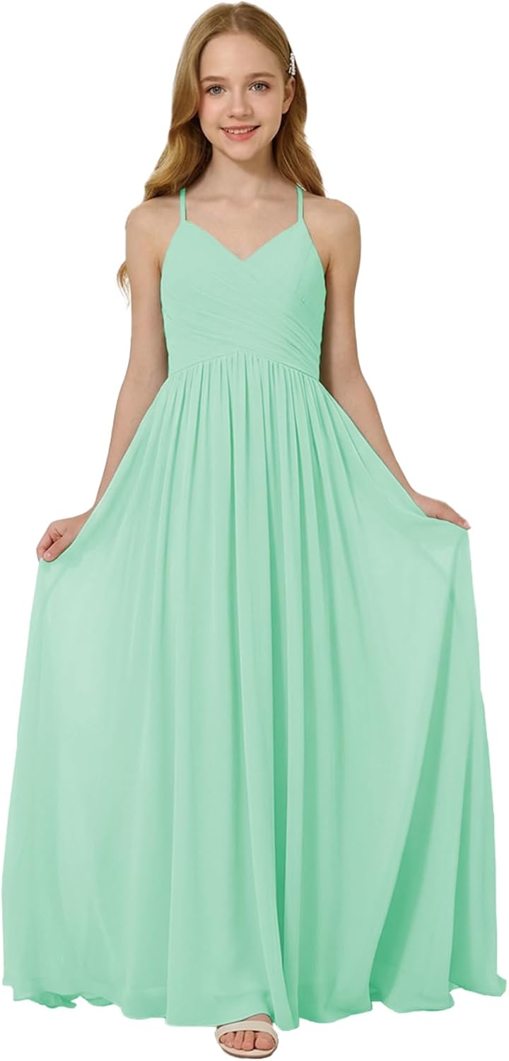 Oittuye Girls Halter Formal Dress V Neck Ruched Junior Bridesmaid Dress Floor Length Chiffon Wedding Guest Maxi Gown