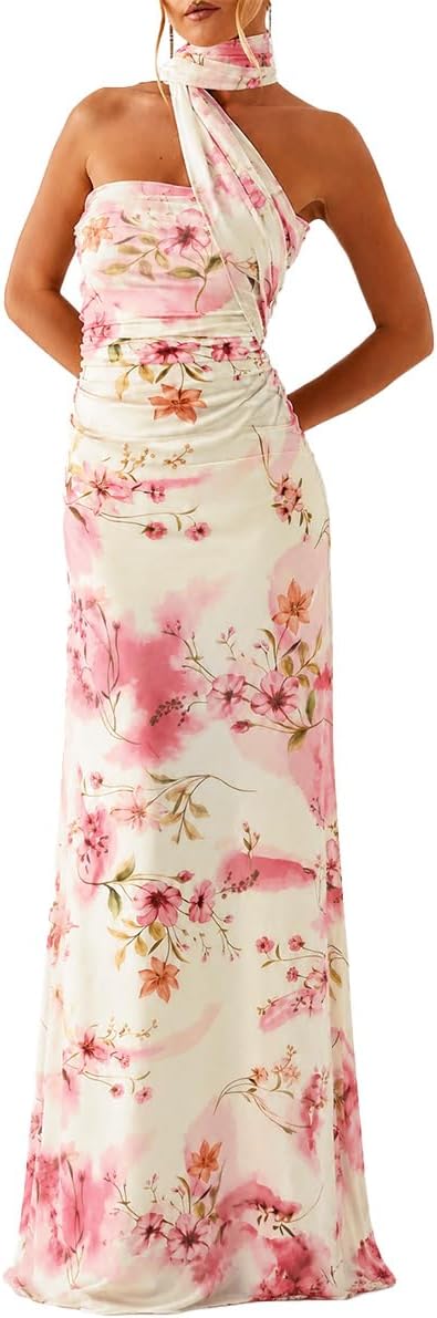 HUROGON Women Strapless Floral Dress Scarf Long Formal Wedding Guest Dress | |Summer Tube Ruched Cocktail One Shoulder Bridesmaid Evening Gowns Sequin Dress For Women