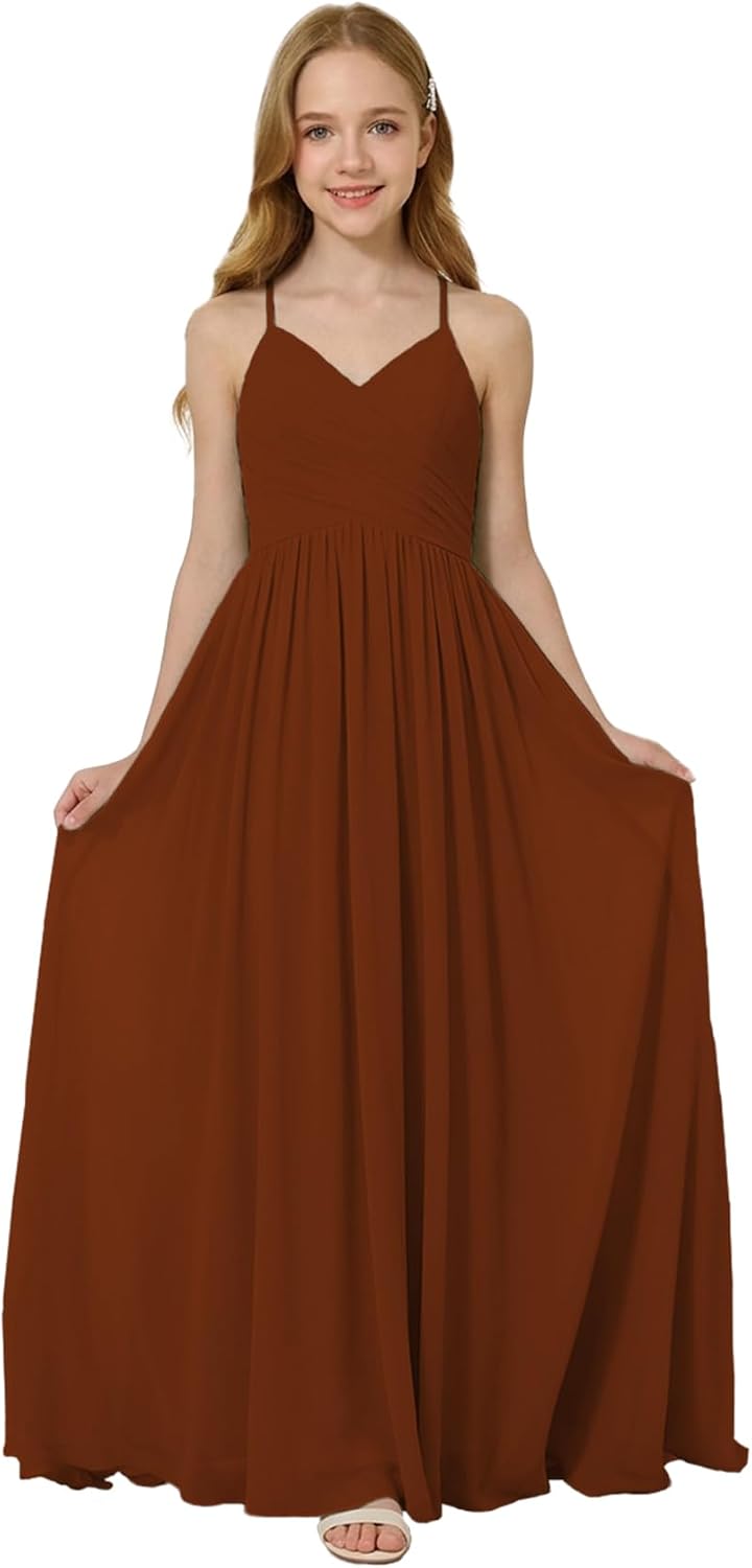 Oittuye Girls Halter Formal Dress V Neck Ruched Junior Bridesmaid Dress Floor Length Chiffon Wedding Guest Maxi Gown