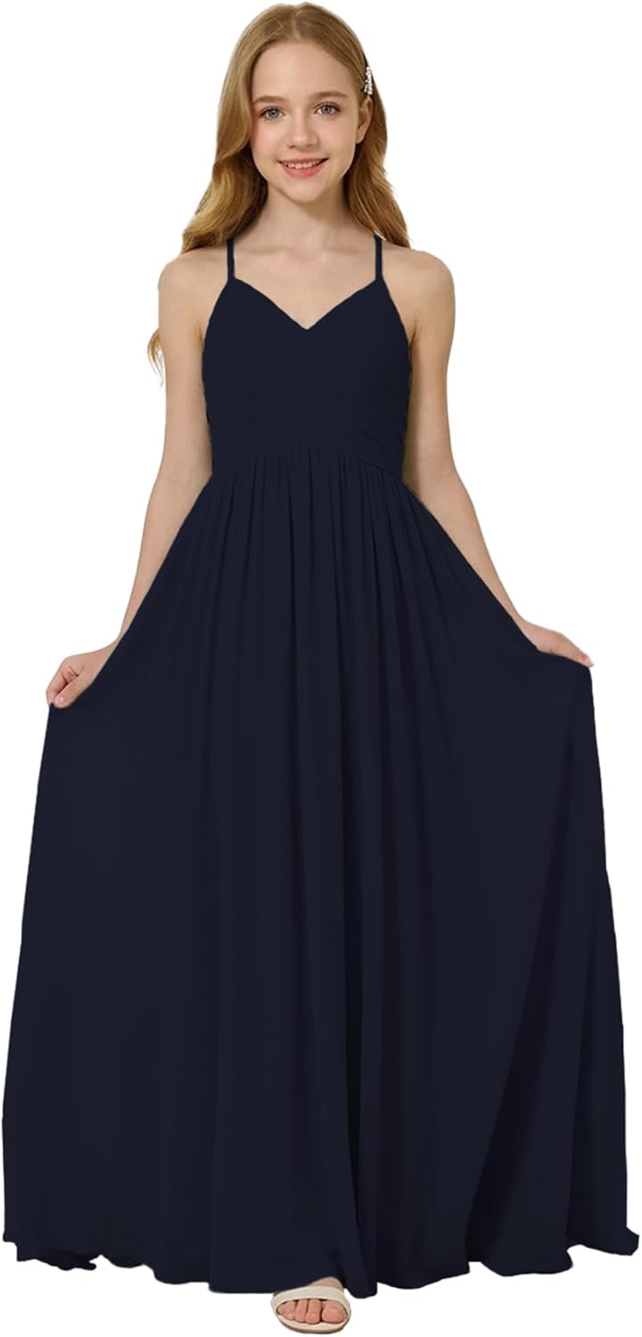Oittuye Girls Halter Formal Dress V Neck Ruched Junior Bridesmaid Dress Floor Length Chiffon Wedding Guest Maxi Gown