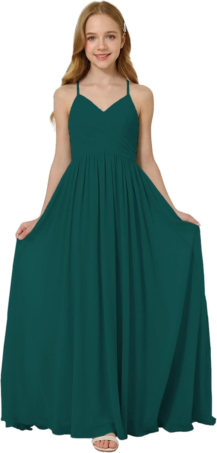 Oittuye Girls Halter Formal Dress V Neck Ruched Junior Bridesmaid Dress Floor Length Chiffon Wedding Guest Maxi Gown