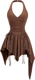 WDIRARA Women's Western Goth Halter Mini Dress Punk Ruched A Line Dresses | Cowgirl Country Concert Rodeo Dress,Asymmetrical,Beaded,Sleeveless, Ruffle,Halloween OutFit