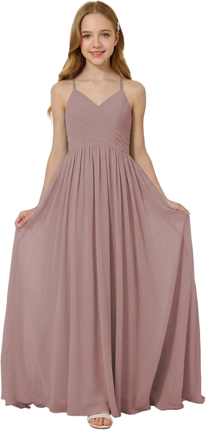 Oittuye Girls Halter Formal Dress V Neck Ruched Junior Bridesmaid Dress Floor Length Chiffon Wedding Guest Maxi Gown