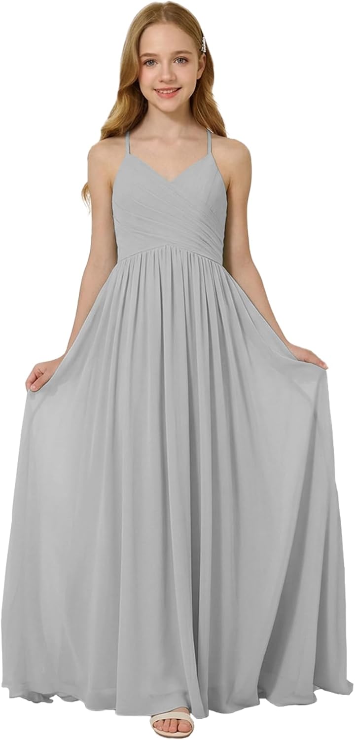 Oittuye Girls Halter Formal Dress V Neck Ruched Junior Bridesmaid Dress Floor Length Chiffon Wedding Guest Maxi Gown