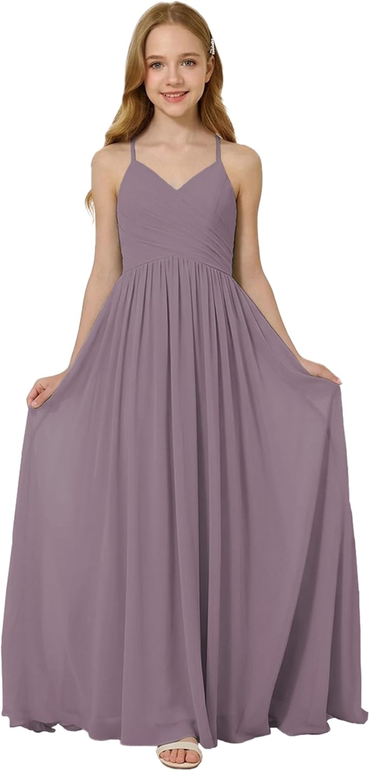 Oittuye Girls Halter Formal Dress V Neck Ruched Junior Bridesmaid Dress Floor Length Chiffon Wedding Guest Maxi Gown