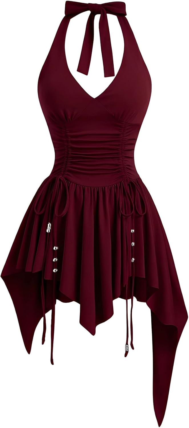 WDIRARA Women's Western Goth Halter Mini Dress Punk Ruched A Line Dresses | Cowgirl Country Concert Rodeo Dress,Asymmetrical,Beaded,Sleeveless, Ruffle,Halloween OutFit