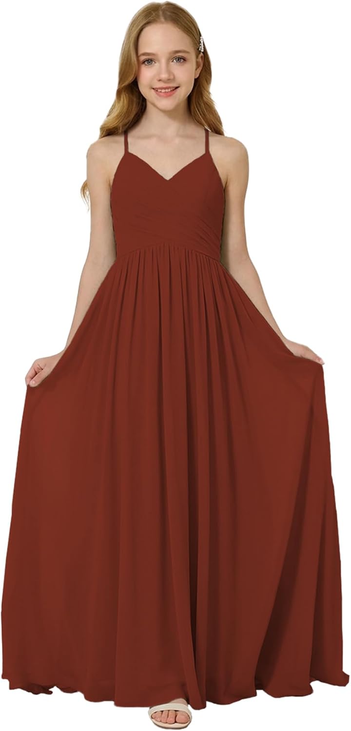 Oittuye Girls Halter Formal Dress V Neck Ruched Junior Bridesmaid Dress Floor Length Chiffon Wedding Guest Maxi Gown