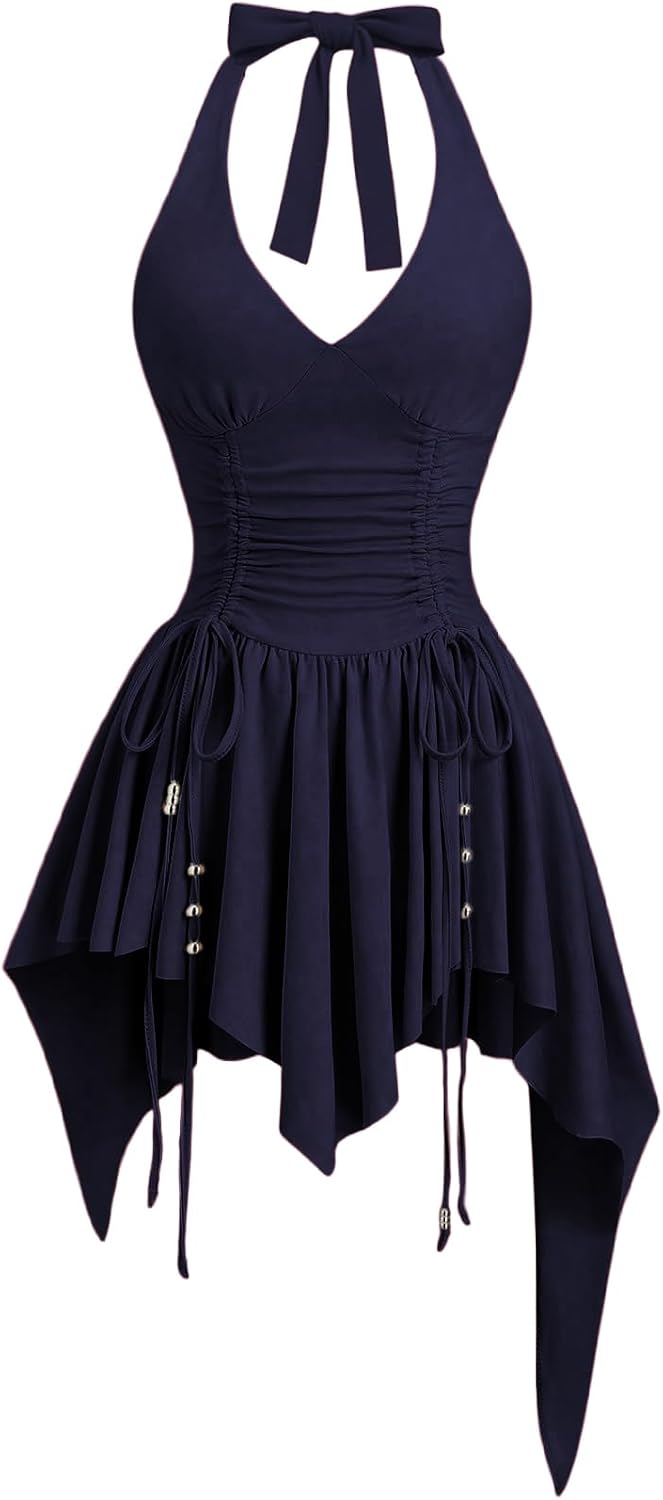 WDIRARA Women's Western Goth Halter Mini Dress Punk Ruched A Line Dresses | Cowgirl Country Concert Rodeo Dress,Asymmetrical,Beaded,Sleeveless, Ruffle,Halloween OutFit