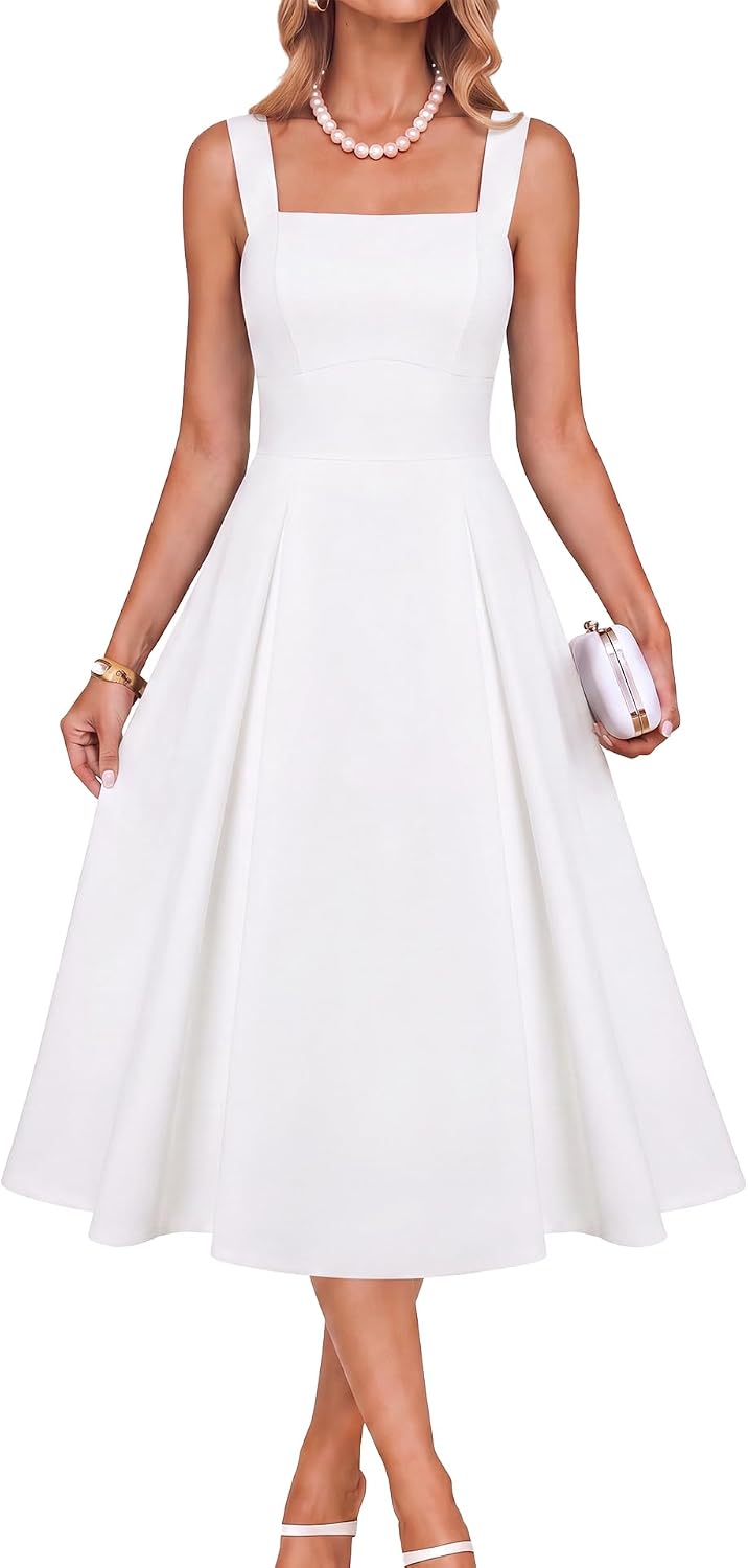 Belle Poque Womens Midi Dress Square Neck Wedding Guest Dresses | A Line, Pockets, Pleated, Fit and Flare, Semi Formal Elegant Dress for Cocktail, Party, Birthday, Date Night, Holiday
