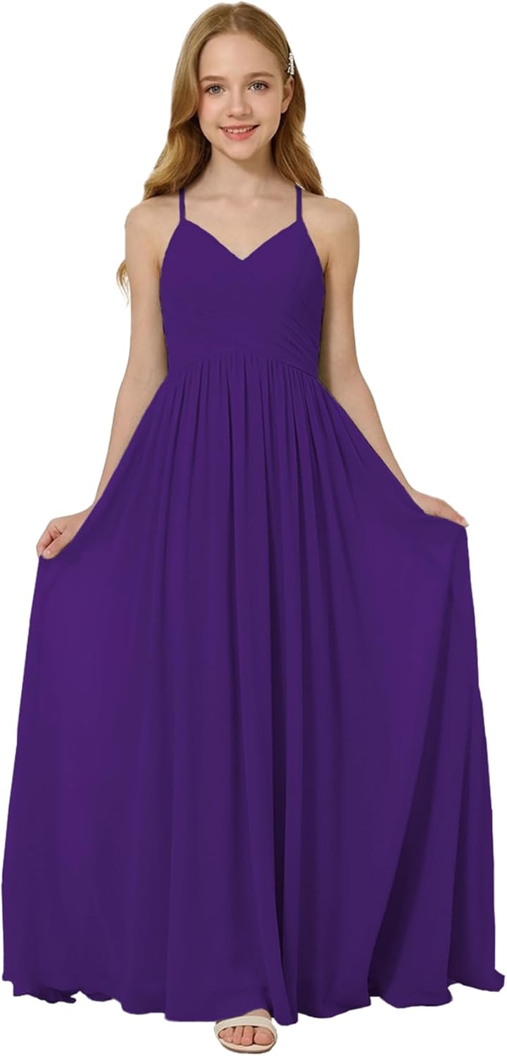 Oittuye Girls Halter Formal Dress V Neck Ruched Junior Bridesmaid Dress Floor Length Chiffon Wedding Guest Maxi Gown