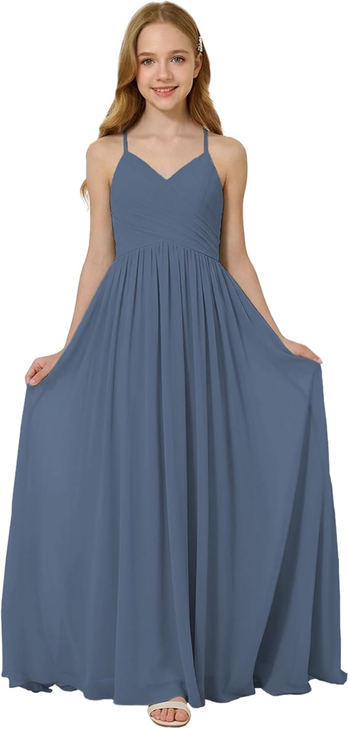 Oittuye Girls Halter Formal Dress V Neck Ruched Junior Bridesmaid Dress Floor Length Chiffon Wedding Guest Maxi Gown