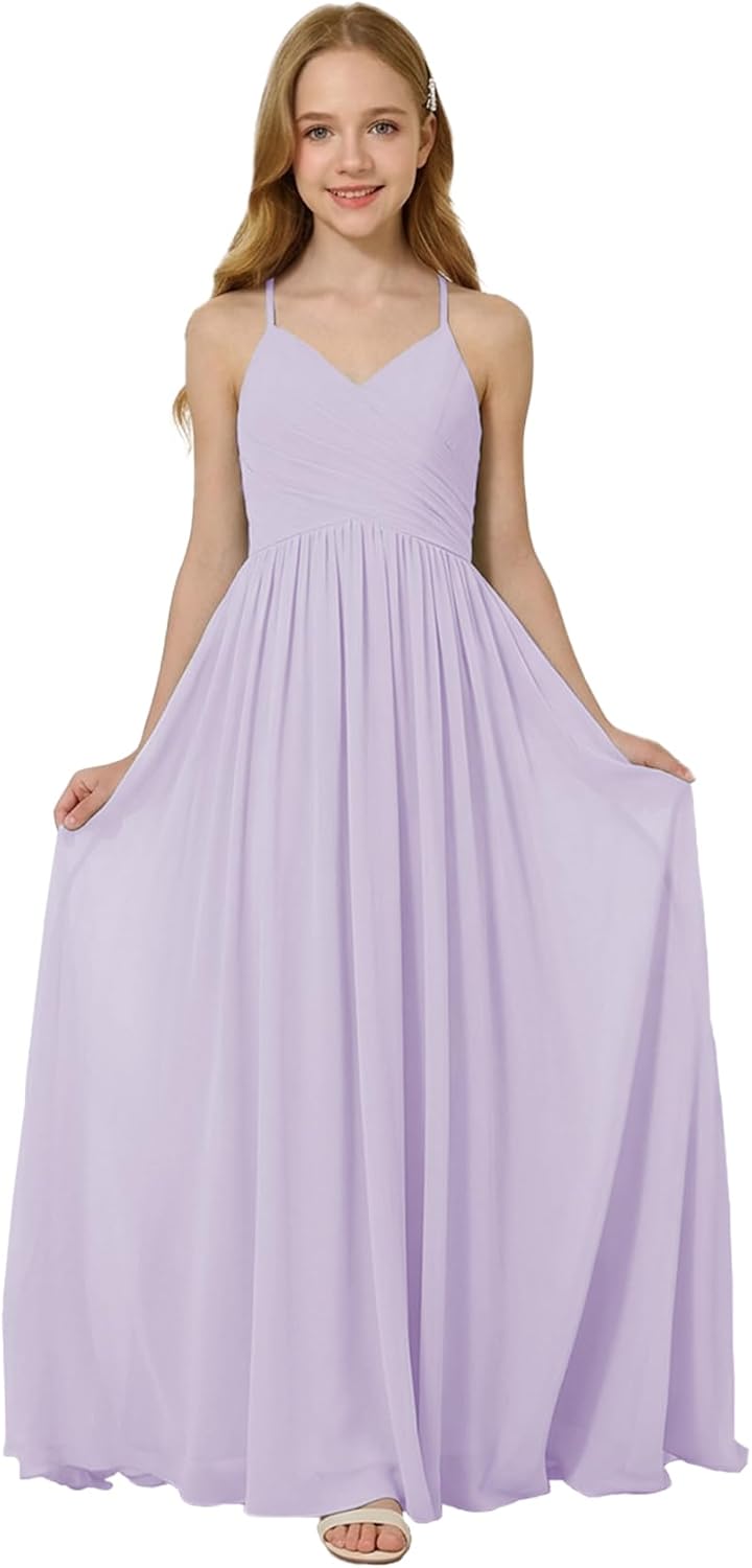Oittuye Girls Halter Formal Dress V Neck Ruched Junior Bridesmaid Dress Floor Length Chiffon Wedding Guest Maxi Gown