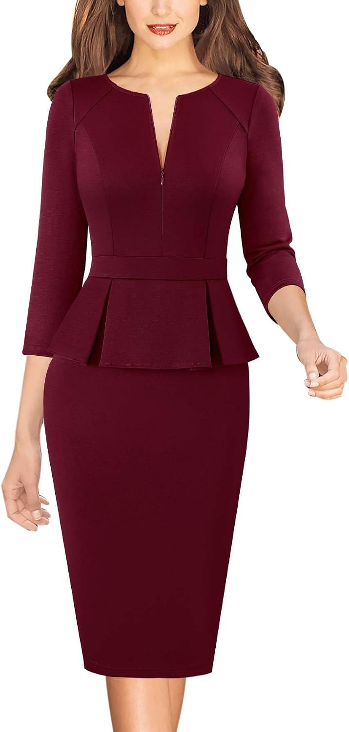 VFSHOW Womens Work Business Office Front Zipper Peplum Church Sheath Dress | 3\/4 Sleeves, Elegant, Spring Fall, Church, Funeral, Slimming Fitted Bodycon Dresses