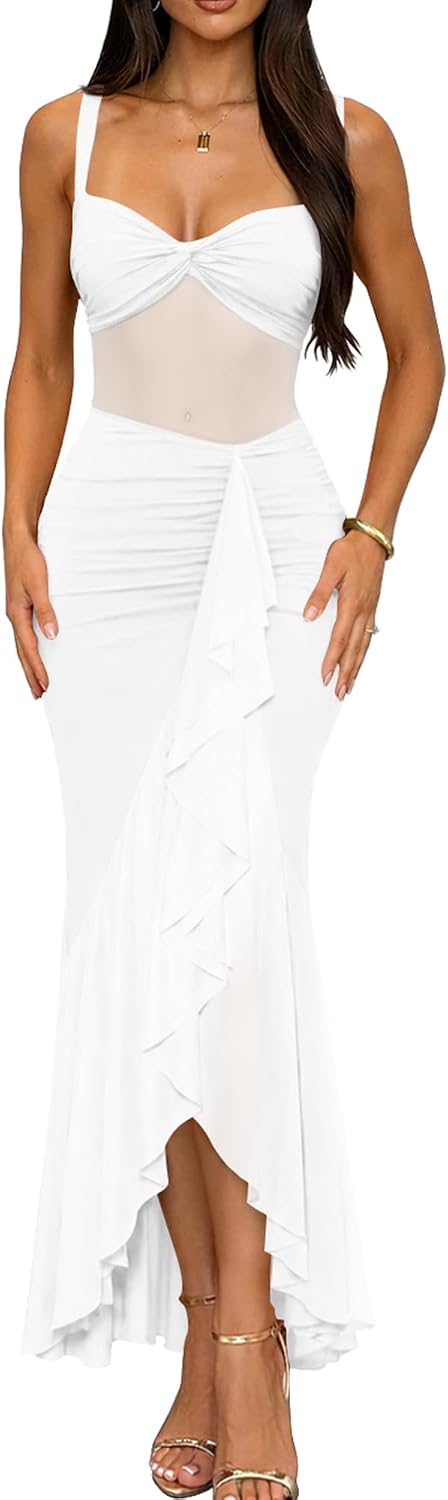 DAAWENXI Women's Sexy Mesh Sheer Ruched Ruffle Club Party Midi Dress | Square Neck,Date Night,Bodycon,See Through,Going Out,Sleeveless,Slim,Cocktail,Tank Dress,Women's Club Night Out Dress