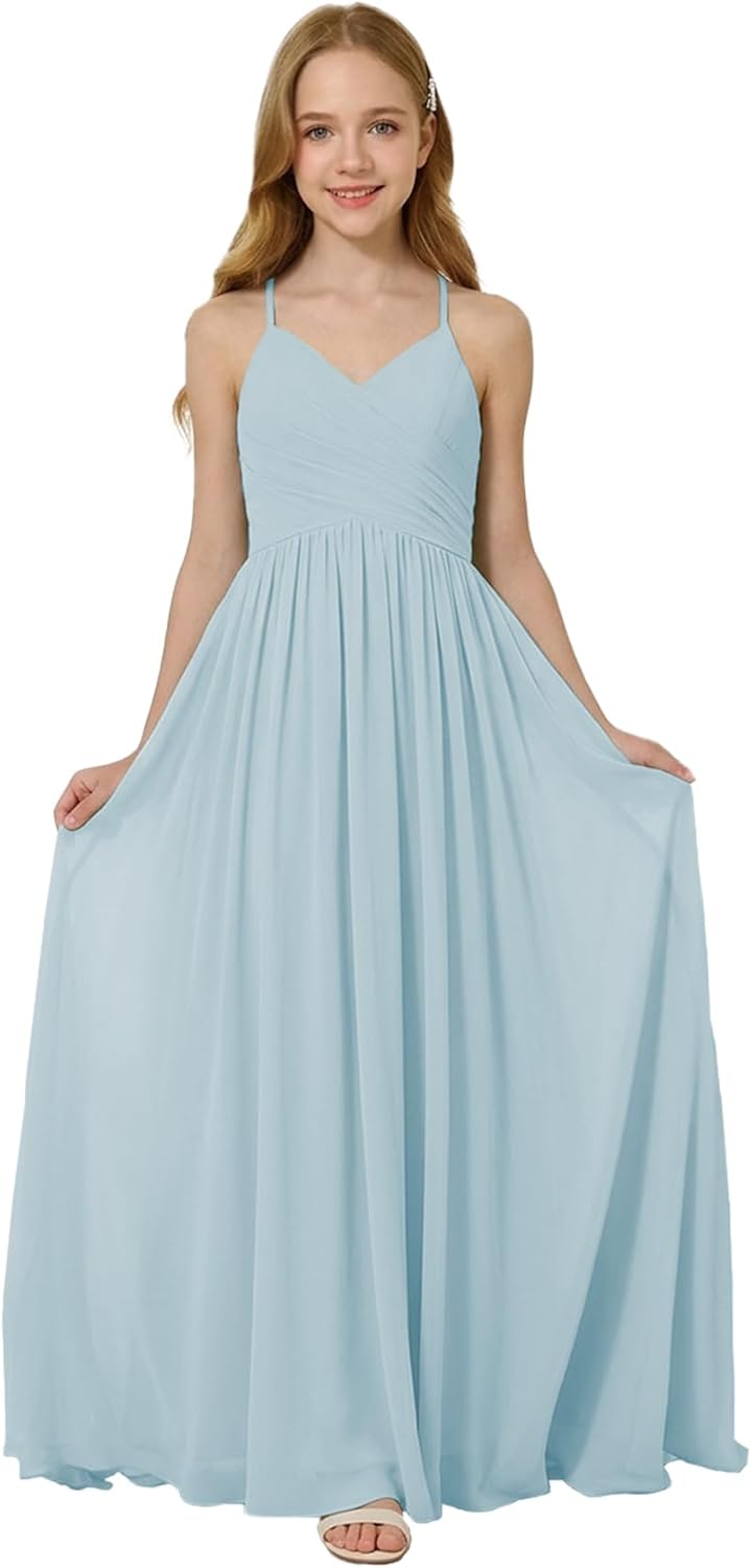 Oittuye Girls Halter Formal Dress V Neck Ruched Junior Bridesmaid Dress Floor Length Chiffon Wedding Guest Maxi Gown